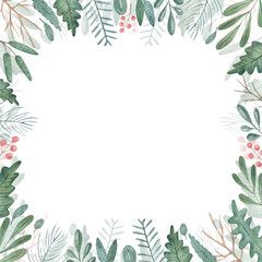 Fototapeta na wymiar Christmas frame with Christmas tree branches flowers and leaves