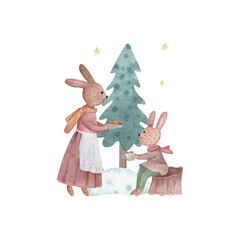 Cartoon bunnies under the Christmas tree