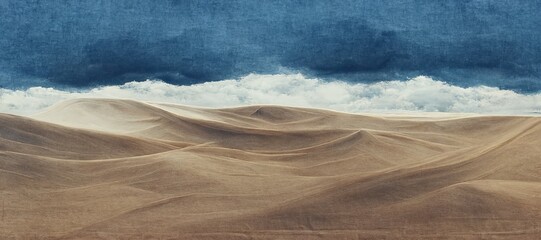 Fototapeta premium Endless desolate desert dunes, far horizon with spectacular clouds. Waves of surreal sand fabric folds landscape. Minimalist lost and overwhelming lonely feeling - moody subdued brown color tones.
