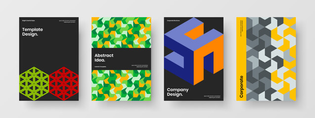 Unique geometric tiles magazine cover template bundle. Simple postcard A4 vector design illustration collection.