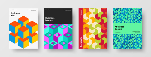 Fresh company cover A4 vector design layout set. Multicolored geometric tiles flyer template collection.