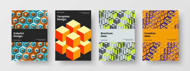 Fototapeta na wymiar Isolated geometric tiles placard illustration composition. Amazing corporate brochure A4 vector design layout set.