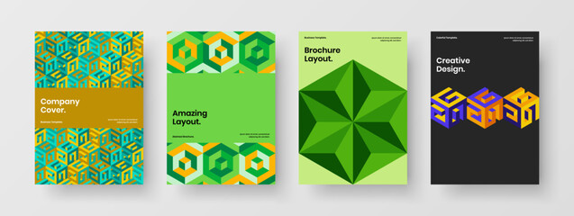 Multicolored geometric shapes corporate cover concept composition. Simple company brochure A4 design vector template bundle.