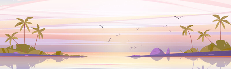 Tropical island landscape at early morning, calm sea and palm trees under pink cloudy sky with flying birds, ocean water surface and dawn heaven beautiful nature, Cartoon vector game background
