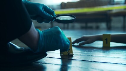 Detective Collecting Evidence in a Crime Scene. Forensic Specialists Making Expertise at Home of a Dead Person. Homicide Investigation by Professional Police Officer. - obrazy, fototapety, plakaty