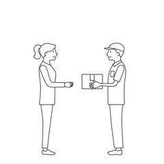 宅配便を届ける配達人と受け取る女性のイラスト（白背景・ベクター・線画・切り抜き）