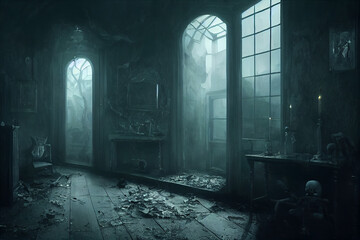 Fototapeta na wymiar creepy interior of an abandoned building background, concept art, digital illustration, Generative AI