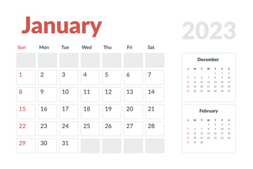 Calendar Template of january 2023. Vector layout simple calendar with week start sunday.