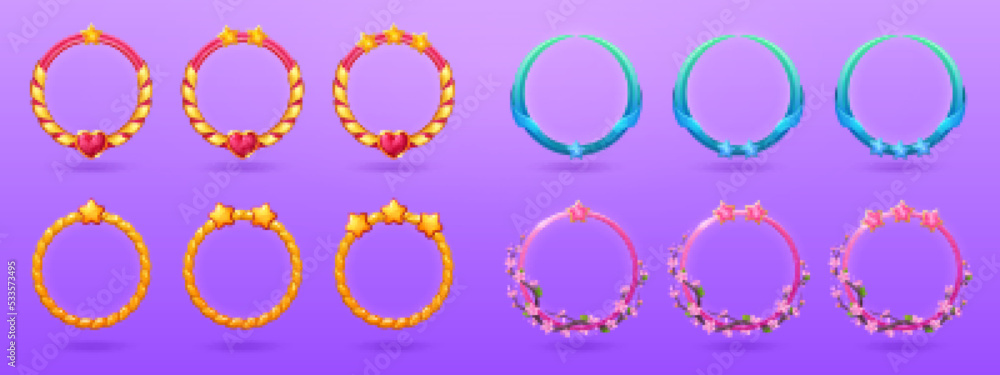Poster glossy circle ranking frames with stars for user avatar in game interface. game ui elements, empty r