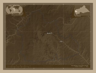 Nana-Mambere, Central African Republic. Sepia. Labelled points of cities
