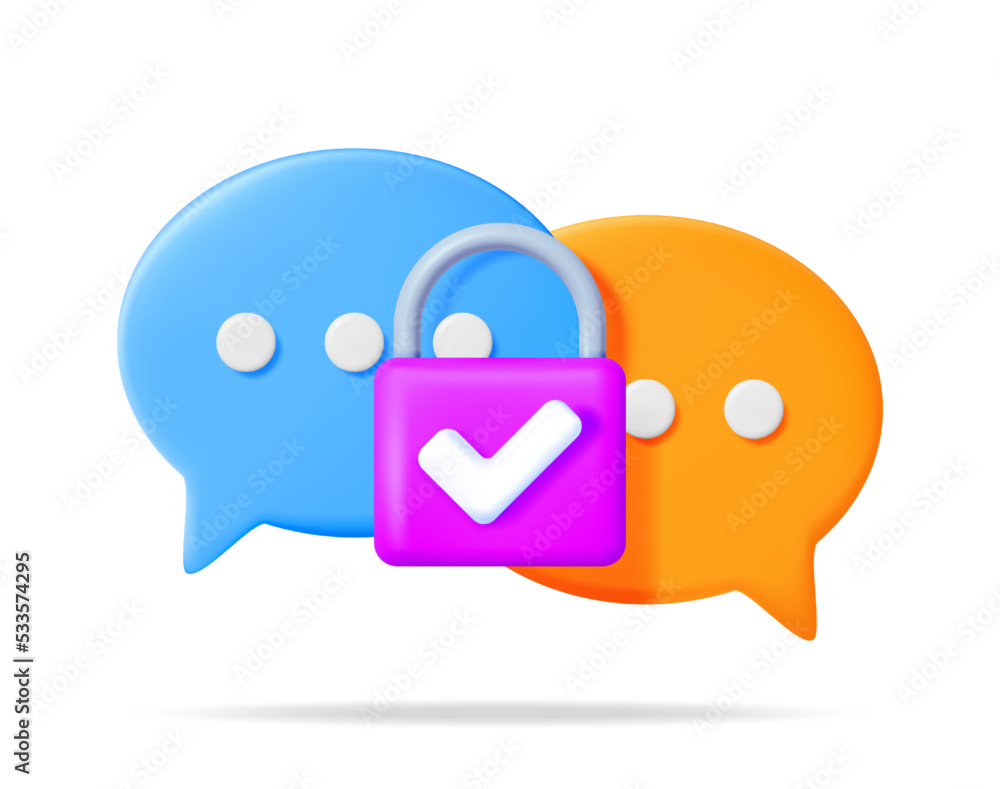 Poster 3d chat bubble with padlock isolated. render message box and padlock. private internet chat protecti