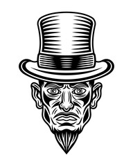 Magician or gambler in cylinder hat man head with mustache and goatee beard vector monochrome illustration in vintage style isolated on white background