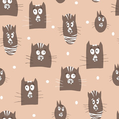 Funny cats seamless pattern on a pink background. Children print for fabric, packaging. Vector illustration. 