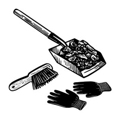 Coal hand shovel scoop, ash brush and  and black gloves.. Cleaning Set. Hand draw vector illustration..