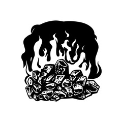 .Burning coals. Hand draw vector illustration. Isolated object on a white background. Black and white image..