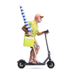 Senior tourist going to the beach on a scooter