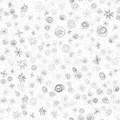 Hand Drawn Snowflakes Christmas Seamless Pattern. Subtle Flying Snow Flakes on chalk snowflakes Background. Amusing chalk handdrawn snow overlay. Charming holiday season decoration.