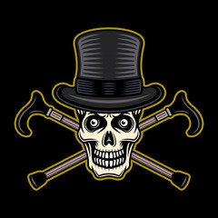 Gentleman skull in cylinder hat and two crossed canes vector illustration in vintage colorful style on dark background, apparel design, t-shirt template