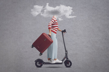 Woman with head in a cloud riding a scooter - obrazy, fototapety, plakaty