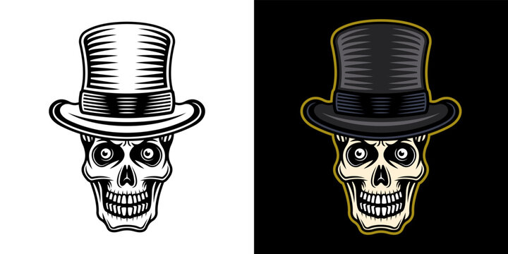 Gentleman skull in cylinder hat vector illustration in two styles monochrome on white and colorful on dark background