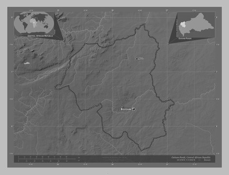 Ouham-Pende, Central African Republic. Grayscale. Labelled points of cities