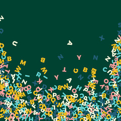 Falling letters of English language. Pastel flying words of Latin alphabet. Foreign languages study concept. Divine back to school banner on blackboard background.