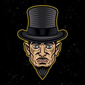 Magician Or Gambler In Cylinder Hat Man Head With Mustache And Goatee Beard Vector Illustration In Colored Style On Dark Background