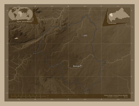 Ouham-Pende, Central African Republic. Sepia. Labelled points of cities