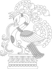 ornamental peacock design on a white background. Kalamkari Indian traditional art on linen fabrics. for textile printing, logo, wallpaper	
