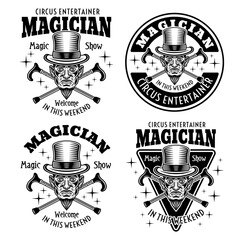 Magic show and illusionists set of vector emblems, logos, badges or labesl in vintage monochrome style with magician in cylinder hat and crossed canes isolated on white background