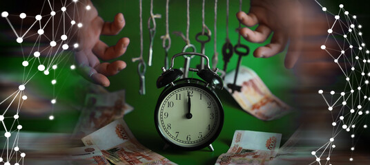 Fototapeta na wymiar Concept of Money and business idea. Retro keys on ropes in hand. Flying banknotes.