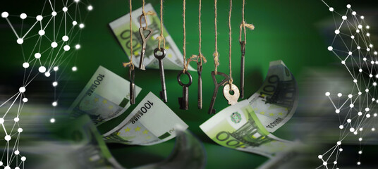 Concept of Money and business idea. Retro keys on ropes in hand. Flying banknotes.