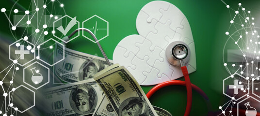 A stethoscope on money and a puzzle heart. Health insurance. Healthcare and medicine. How much is the treatment. Money and medicine. World Heart Day. World Health Day. 
