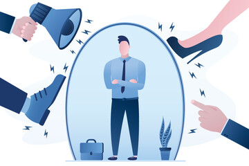 Businessman under big foots, bullying, psychological pressure. Confident male employee fights against mental problems. Protection from stress. Relationship, domination, power, concept banner