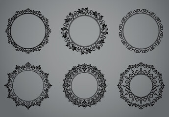 Set of decorative frames Elegant vector element for design in Eastern style, place for text. Floral black and gray borders. Lace illustration for invitations and greeting cards