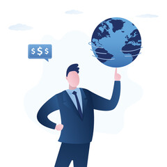 Businessman spinning globe on finger. Global business or economic, power to control the world, leadership, way to success in global network, franchise concept. Boss holds world in hand.