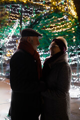 Elderly couple in love in front of Christmas lights