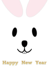 年賀状素材　可愛いウサギの正面から見た顔　ハッピーニューイヤーロゴ入