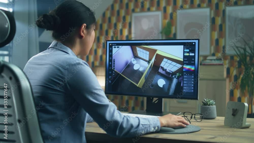 Poster woman designing house interior in modern computer program for 3d modeling and working remotely from 