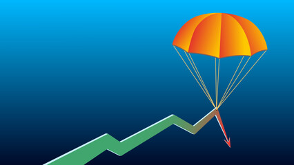 Graph arrow goes down and parachute keeps arrow from falling on blue background with copy space.