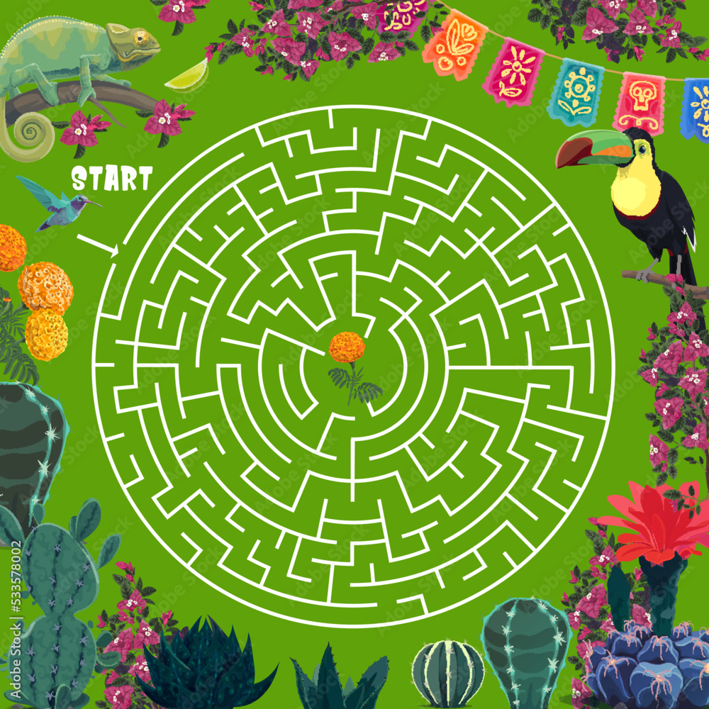 Poster labyrinth maze game. mexican cactuses, toucan, chameleon, hummingbird and flowers. riddle, vector pu