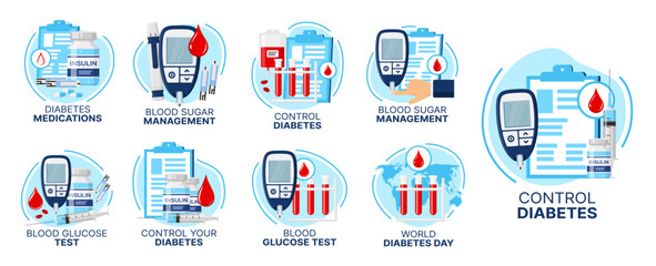 Diabetes care icons, blood sugar test, insulin and glucose control or glucometer, vector medical symbols. Diabetes health management and world day sign, diabetic disease treatment and monitoring icons - obrazy, fototapety, plakaty