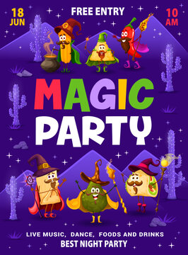 Magic party flyer, cartoon Tex Mex Mexican food wizards characters, vector poster. Kids party flyer with cheerful burrito wizard, taco mage and avocado sorcerer with magic wand for entertainment event