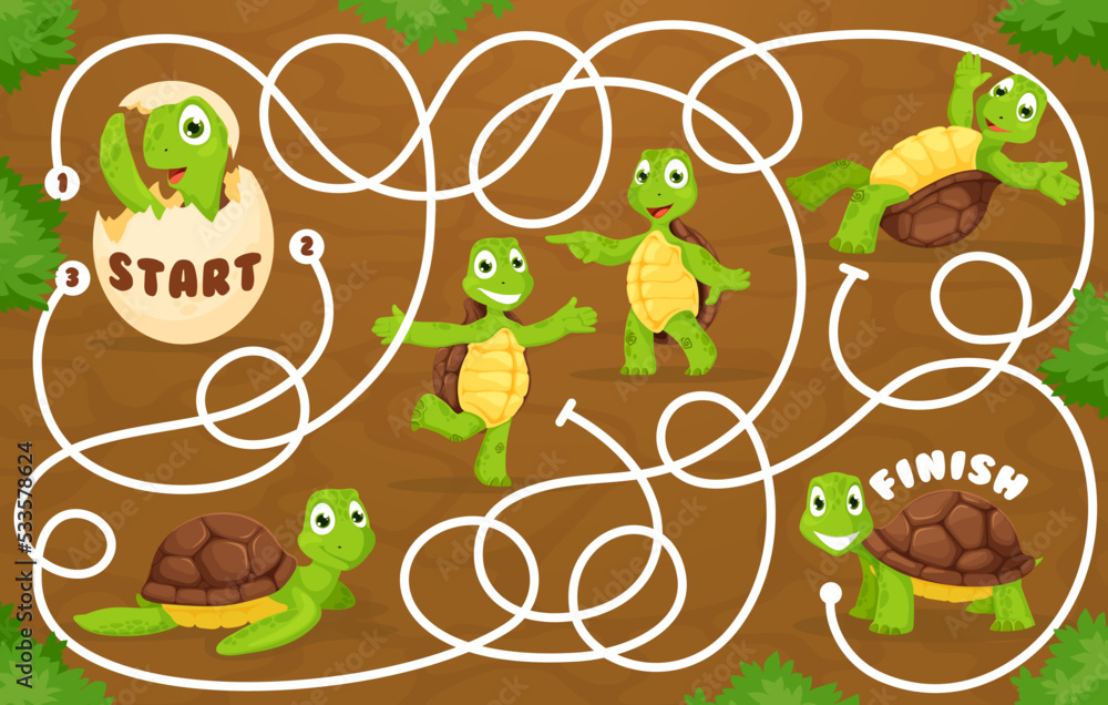 Poster labyrinth maze game help cartoon turtle find the cheerful friends. finding way child playing activit