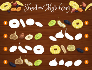 Shadow matching game worksheet. Dried fruits. Kids quiz or riddle, preschool children educational game or children vector puzzle with dried prune, mango and fig, dogwood, lemon and kiwi, pineapple
