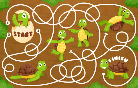 Labyrinth maze game help cartoon turtle find the cheerful friends. Finding way child playing activity, kids maze riddle and kindergarten children quiz vector worksheet with funny tortoise personages