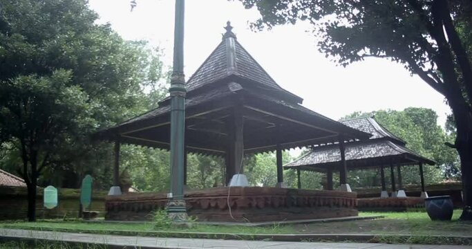 Wooden pavilion architecture of the inner court of ancient old palace of Keraton Kasepuhan Cirebon, West Java, Indonesia. Right track