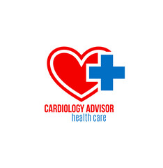 Obraz premium Cardiology medicine icon, heart health or medical and cardiac clinic vector symbol. Heart healthcare emblem of medical cross for cardiology center, healthcare insurance advisor or donation hospital