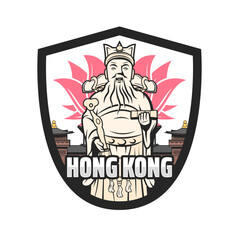 Hong Kong travel icon with smiling god of luck, buddhist monastery, temple and lotus flower. Hong Kong city culture, religion attractions or landmarks. Retro vector badge with Hong Kong symbols