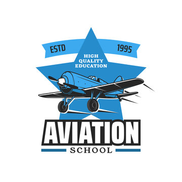 Aviation school. Pilot academy or flying courses vector icon with vintage military monoplane propeller plane. Aviation training center retro badge or pilot school vintage emblem